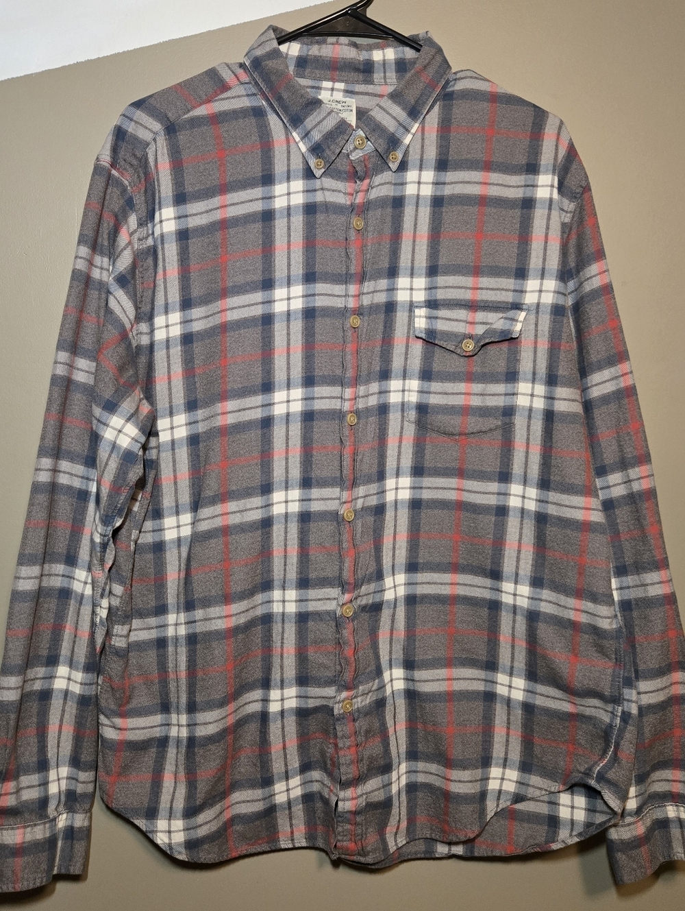 J. Crew Men's Workshirt Flannel Plaid Button-Up Size XL 100% Cotton Red Gry Blue